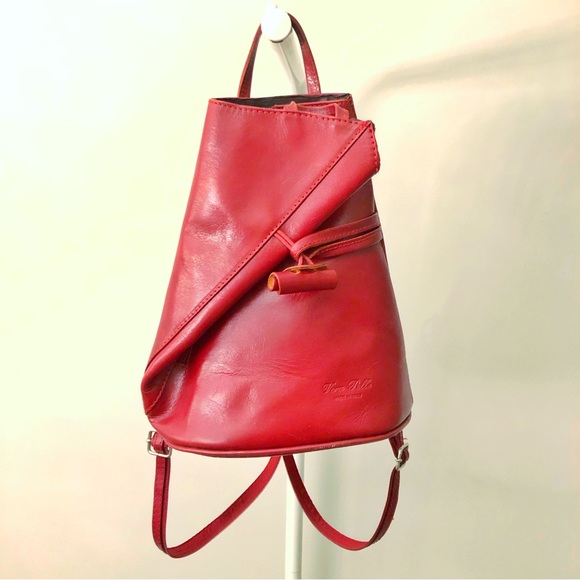 VERA PELLE Genuine Leather Italy Red Minimalist Unique Mini Medium Size Backpack - Picture 4 of 16